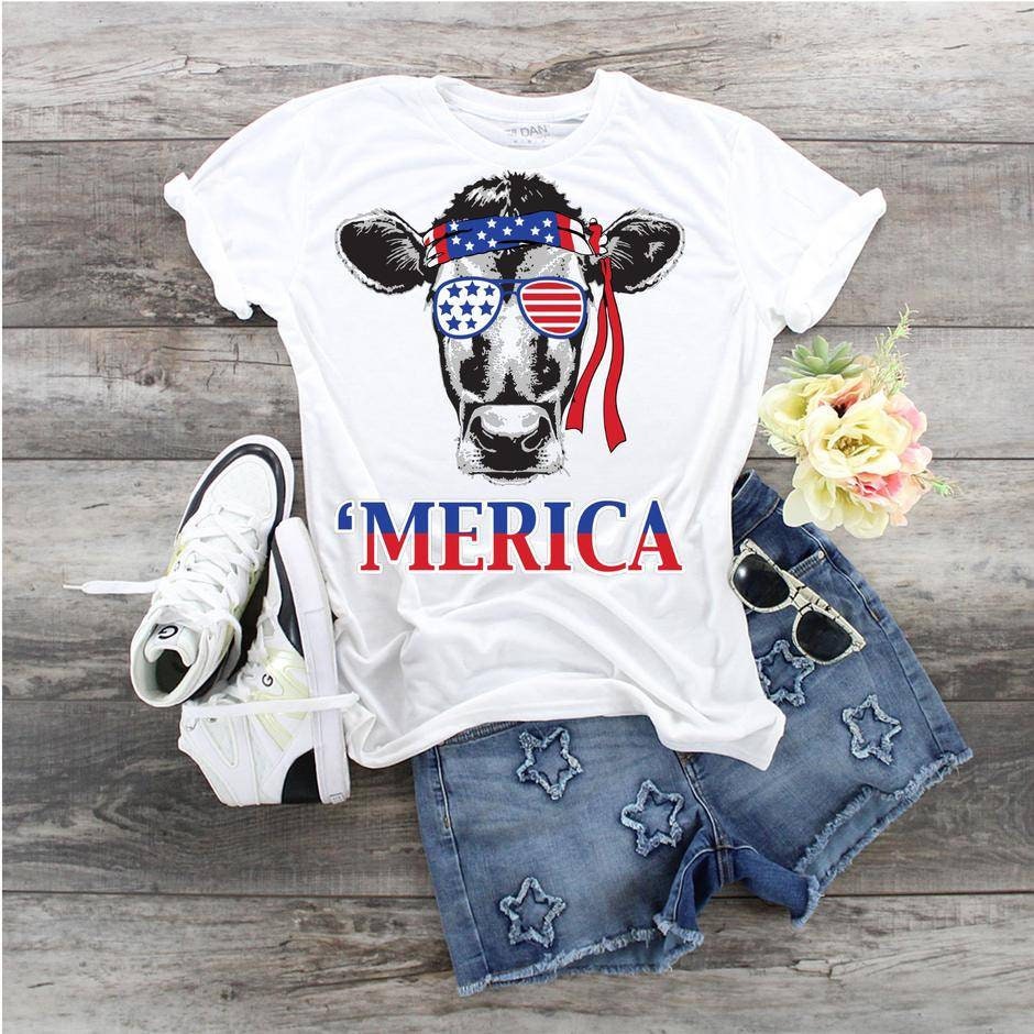 Cow, 4th of July, Merica, Red White and Blue, Bandanna , Cow Shirt, Cow Mom shirt, Patriotic Cow, Love Cows, American Cow,  Cow t-shirt