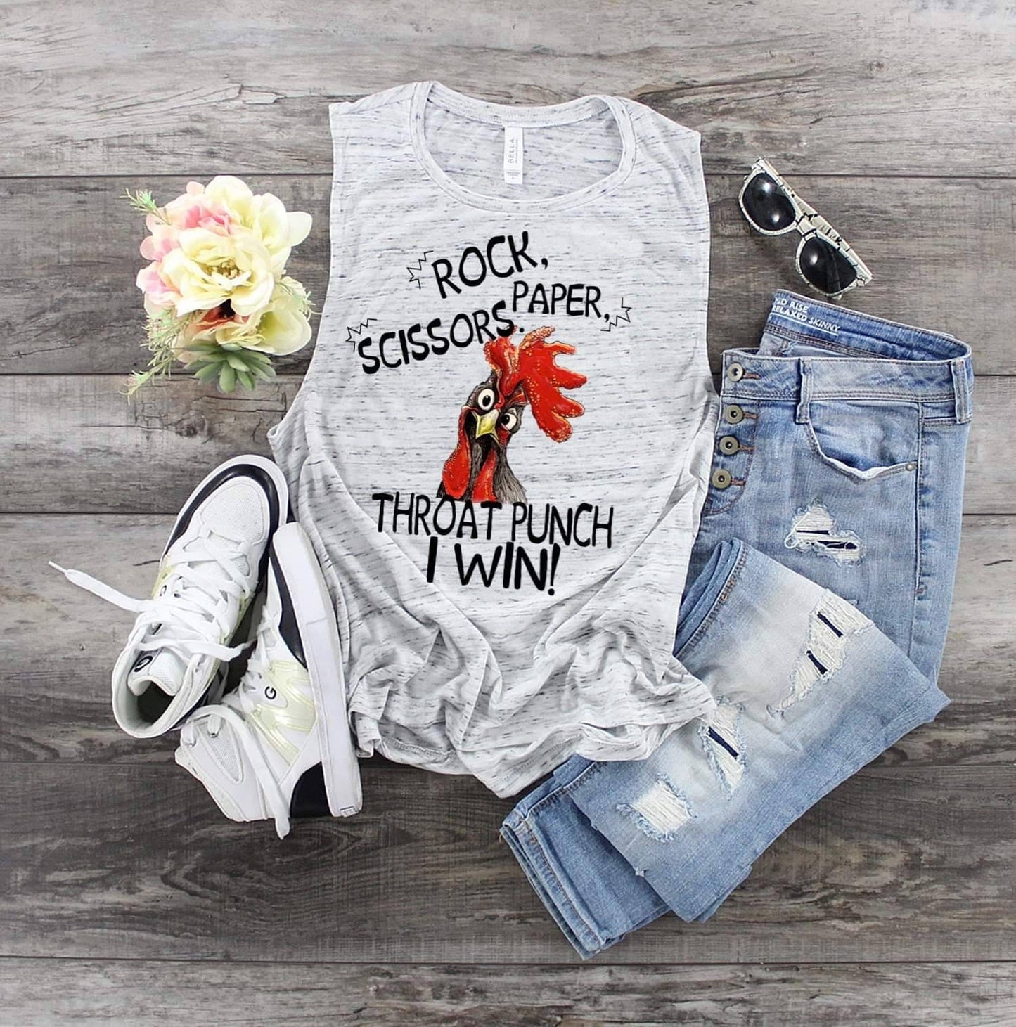 Rooster Chicken Rock Paper Scissors Throat Punch...  design Bella Canvas flowy tank.