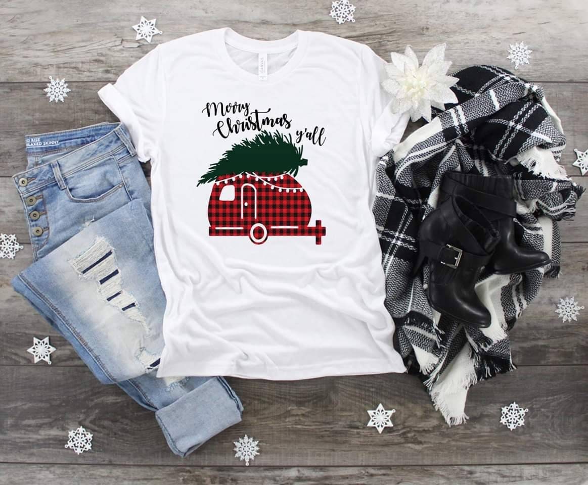 Christmas Merry Christmas Y"all Plaid Camper design t-shirt