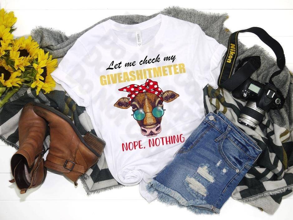 Let Me Check My Giveashitmeter Cow with bandana. T-shirt