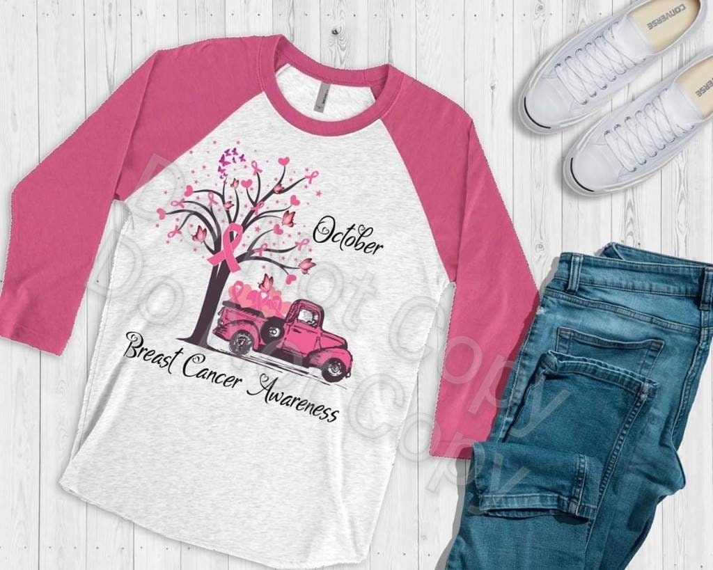 October Breast Cancer Awareness Pink Truck ..  design raglan.