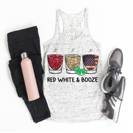 Shot glass style Red White & Booze.. design Bella Canvas flowy tank.