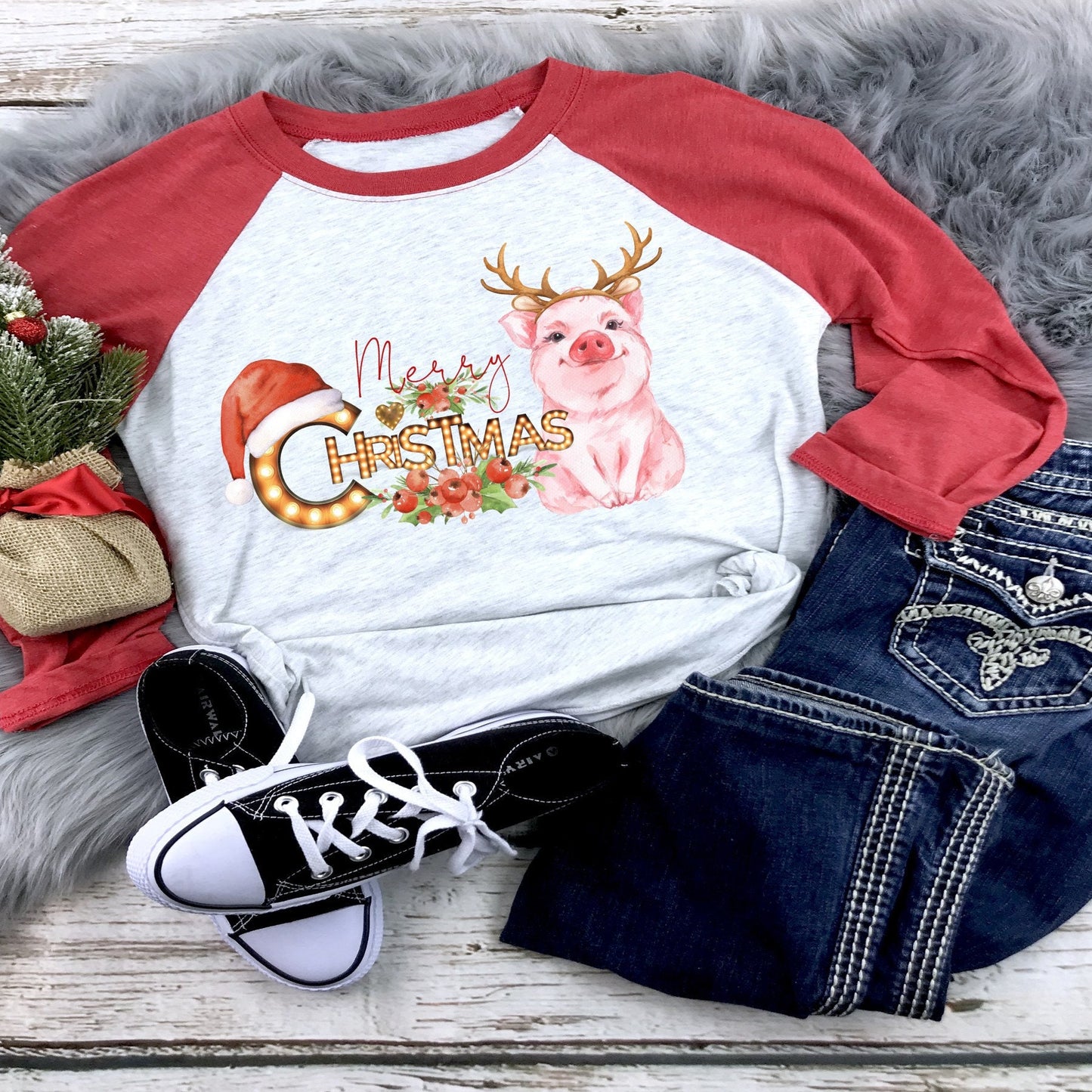 Christmas Pig, Cute pig, Christmas, Merry Christmas Pig, Santa Pig,  design raglan.