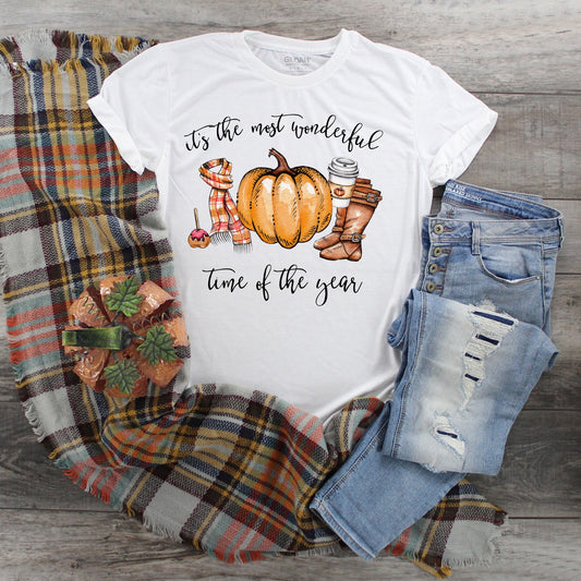 It's The Most Wonderful Time of the Year, Fall Pumpkin, Scarf boots and pumpkin fall shirt, fall lover gift, Love Pumpkin, Fall time tee