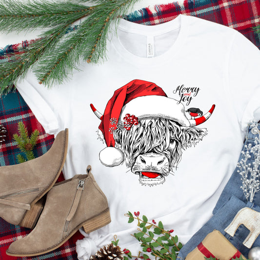 Christmas Long Haired Cow Highland Cow Santa Hat Merry and Joy .  design t-shirt