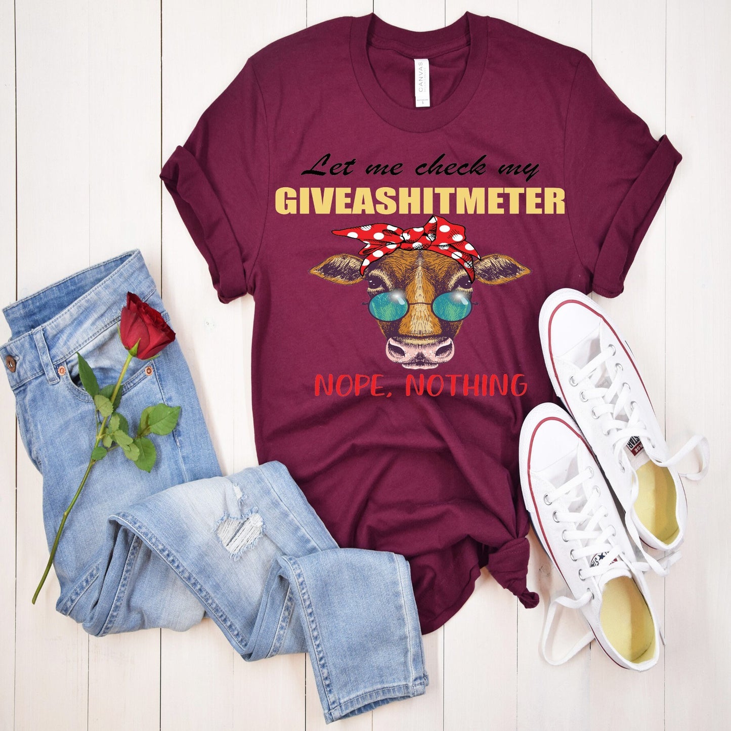 Let Me Check My Giveashitmeter Cow with bandana. T-shirt