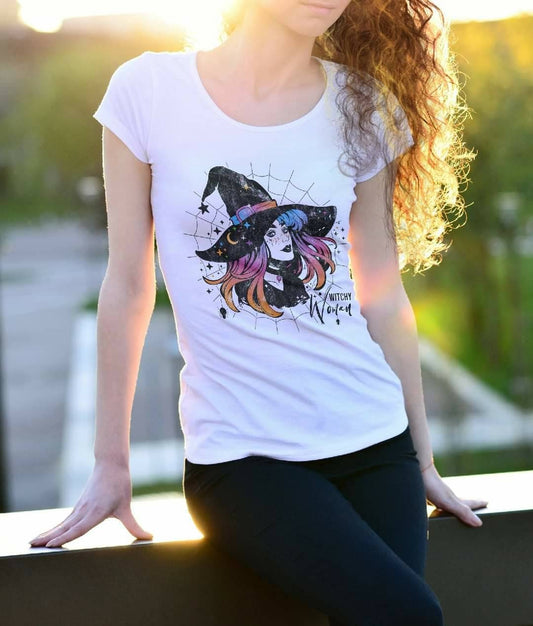 Witchy Woman, Colorful witch tee, Witch style shirt, Witch clothing, Goddess shirt, Witchy Vibes, Spider web witch, Witch top, Wiccan, Pagan