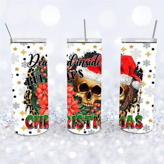 Dead Inside But It's Christmas, Skull Christmas, Creep Christmas Tumbler, 20 oz Skinny, Creepy Santa, Snowfakes and skullsm Skull Tumbler